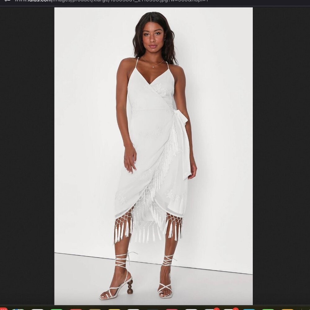 lulu's | Fun Affair White Floral Embroidered Tassel Midi Wrap Dress